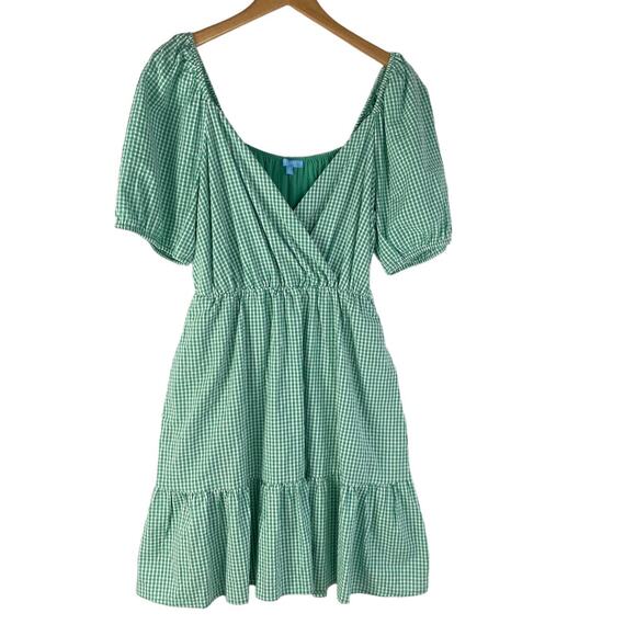 Draper James Puff Sleeve Gingham Dress M Green Ruffle Hem Coastal Cowgirl NWT - Picture 1 of 9